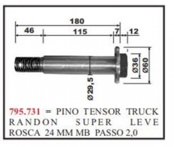 Pino Tensor 60x180x29.5mm Carr/truck Randon Superleve Rosca 24 Mm Mb Passo 2.0